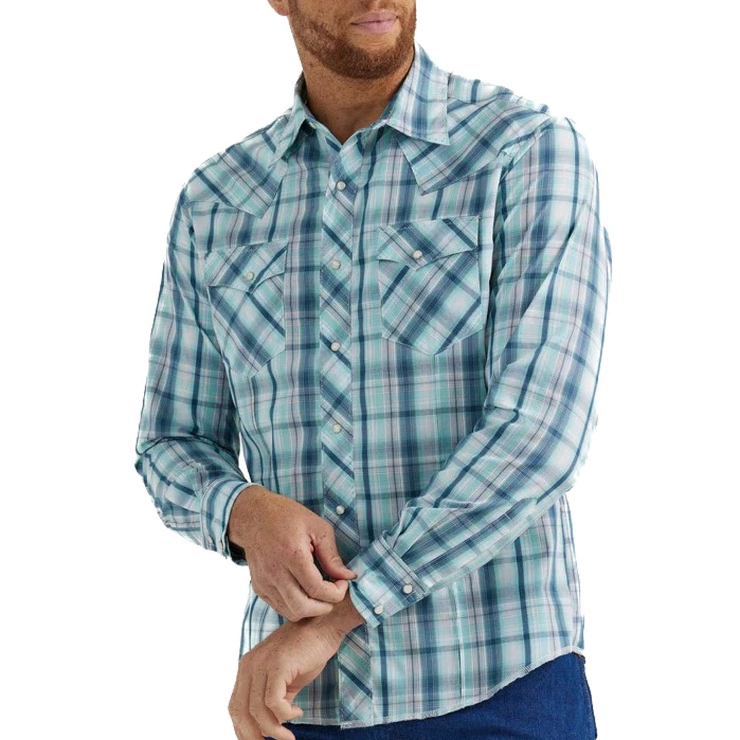 Wrangler Men's Premium Western Snap Shirt In Teal Plaid