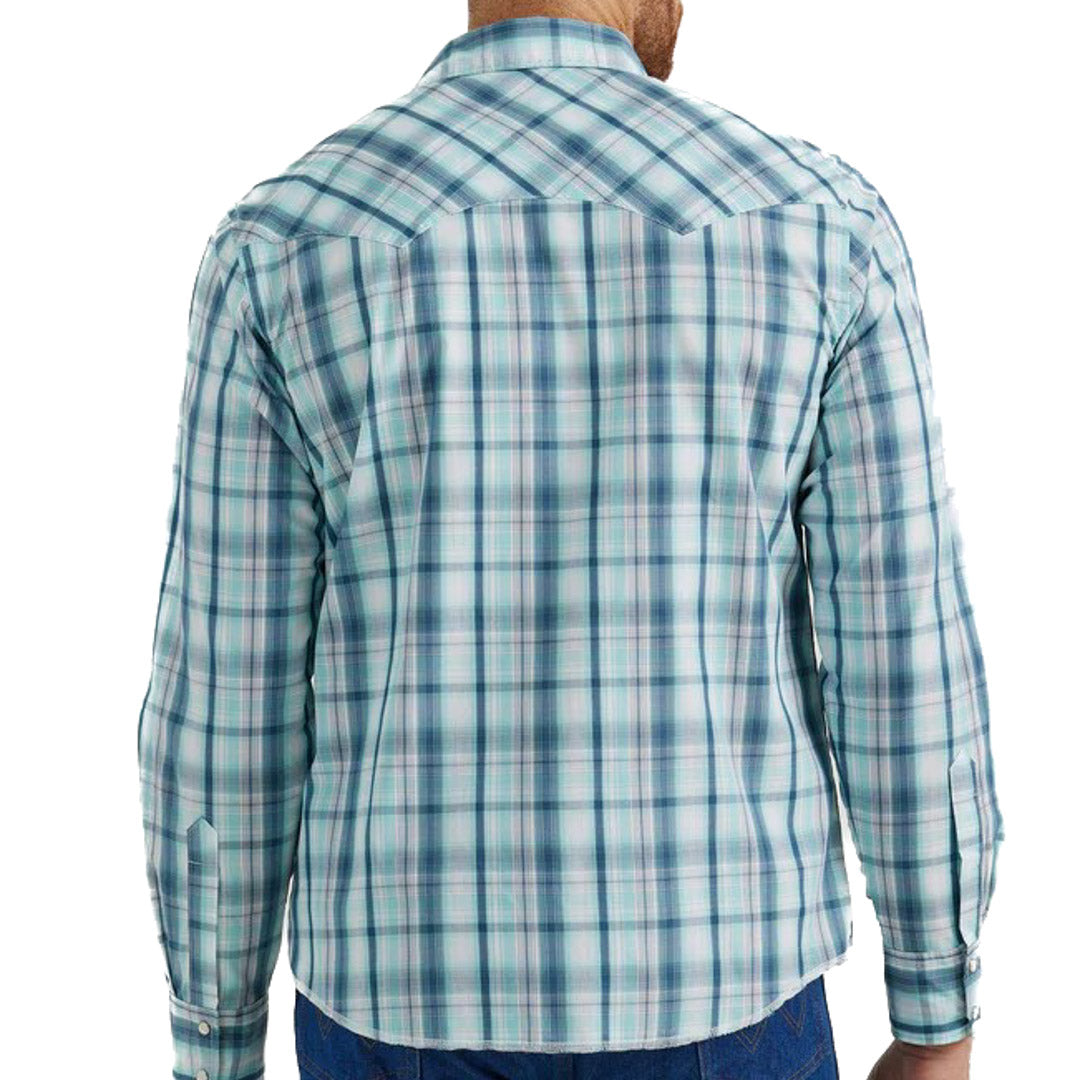 Wrangler Men's Premium Western Snap Shirt In Teal Plaid