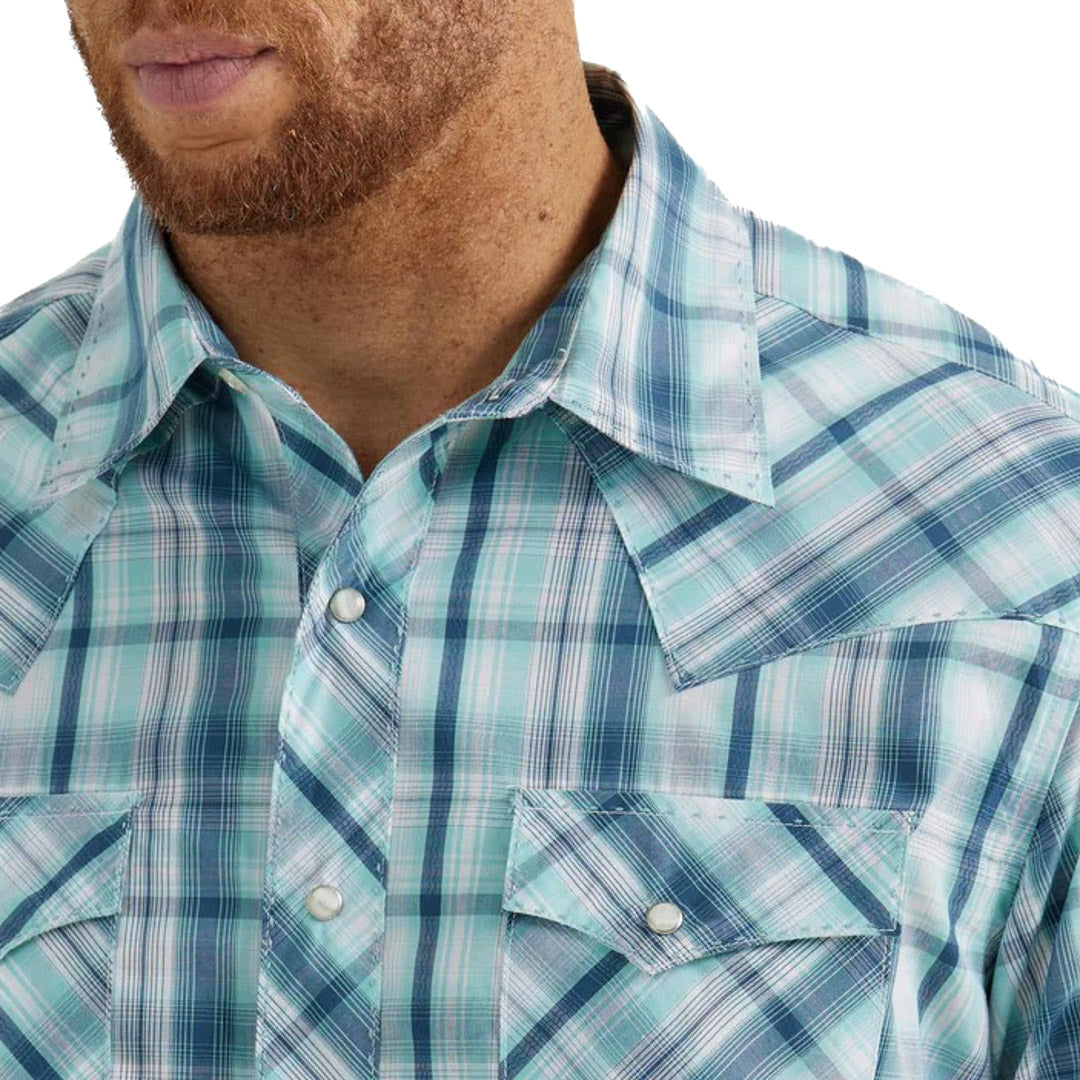 Wrangler Men's Premium Western Snap Shirt In Teal Plaid