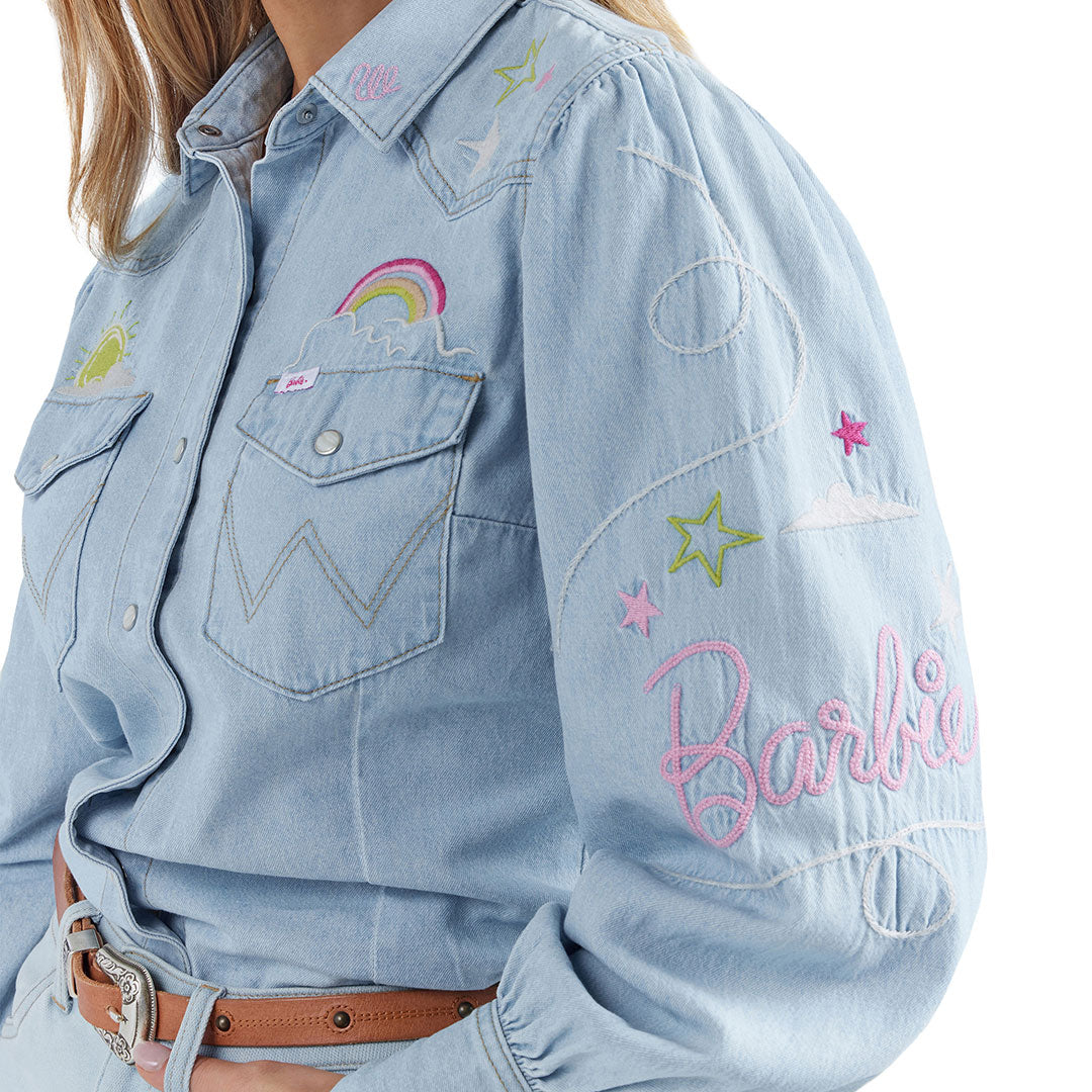 Wrangler X Barbie Womens Balloon Sleeve Embroidered Blouse