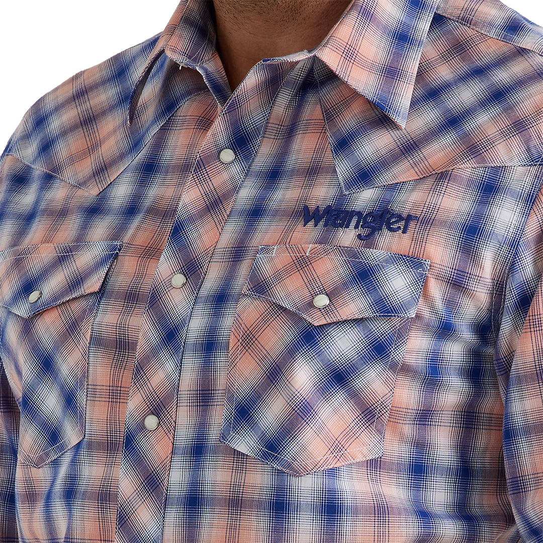 Wrangler Men's Logo Western Snap Shirt In Orange Blue Plaid