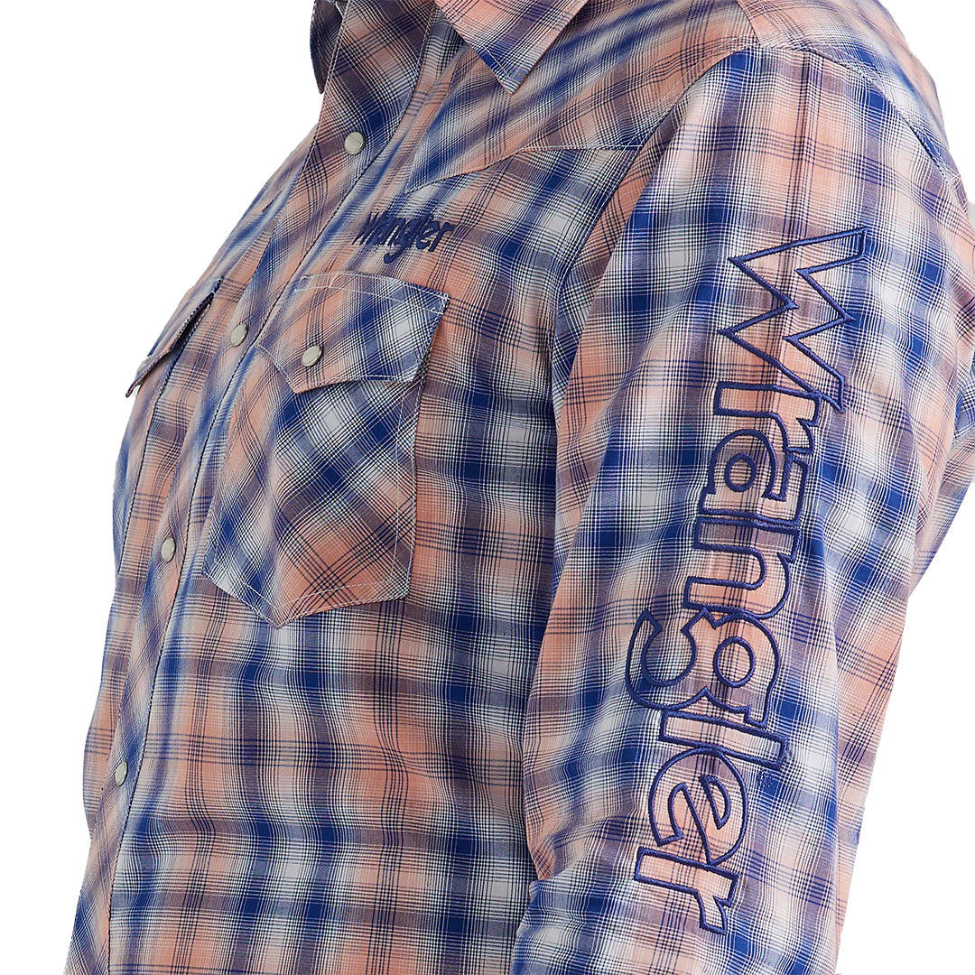 Wrangler Men's Logo Western Snap Shirt In Orange Blue Plaid