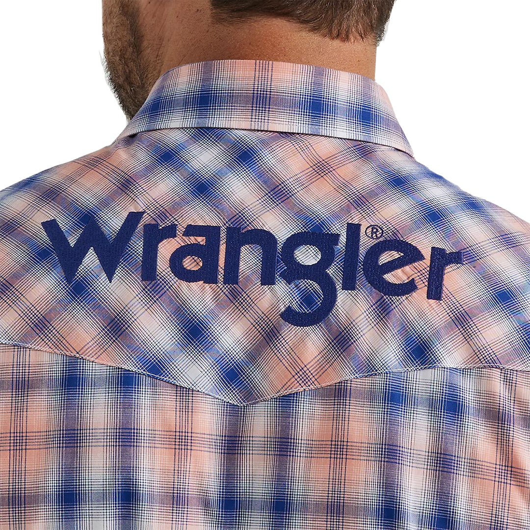 Wrangler Men's Logo Western Snap Shirt In Orange Blue Plaid