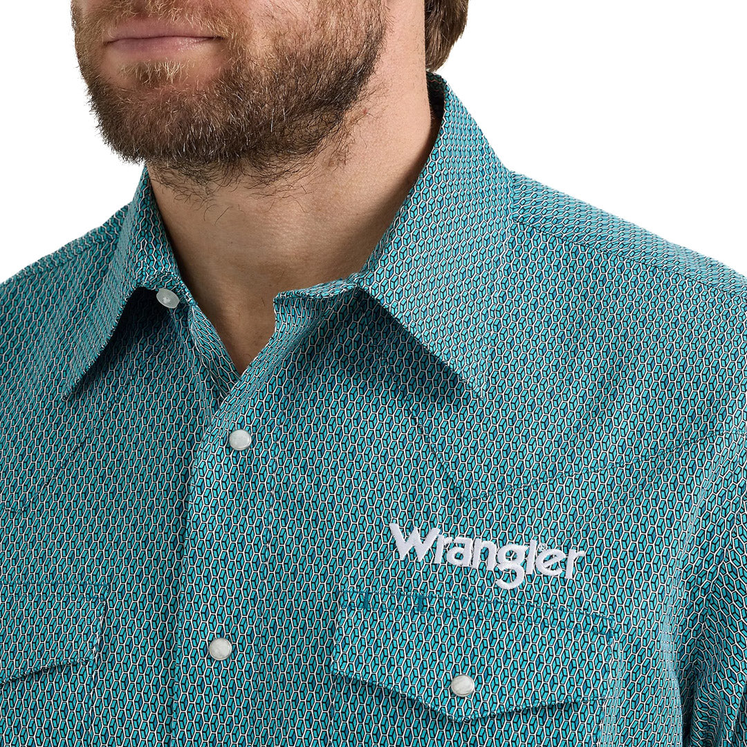 Wrangler Men's Diamond Print Logo Snap Shirt In Turquoise