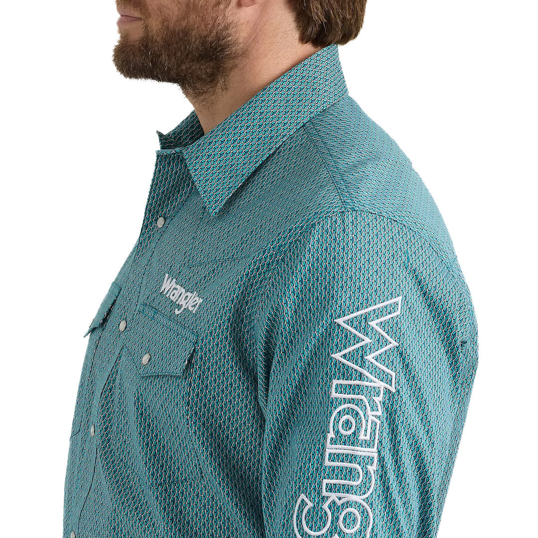 Wrangler Men's Diamond Print Logo Snap Shirt In Turquoise