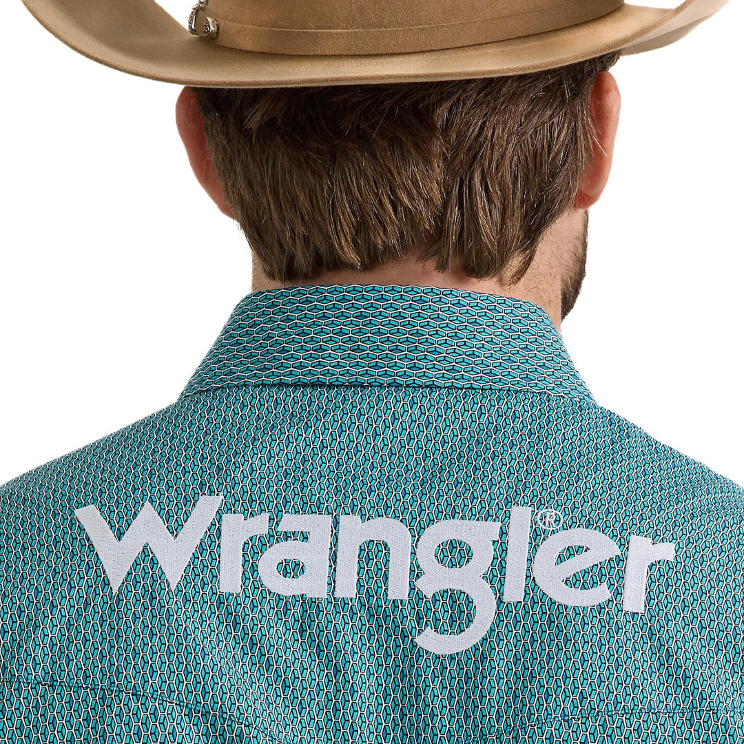 Wrangler Men's Diamond Print Logo Snap Shirt In Turquoise