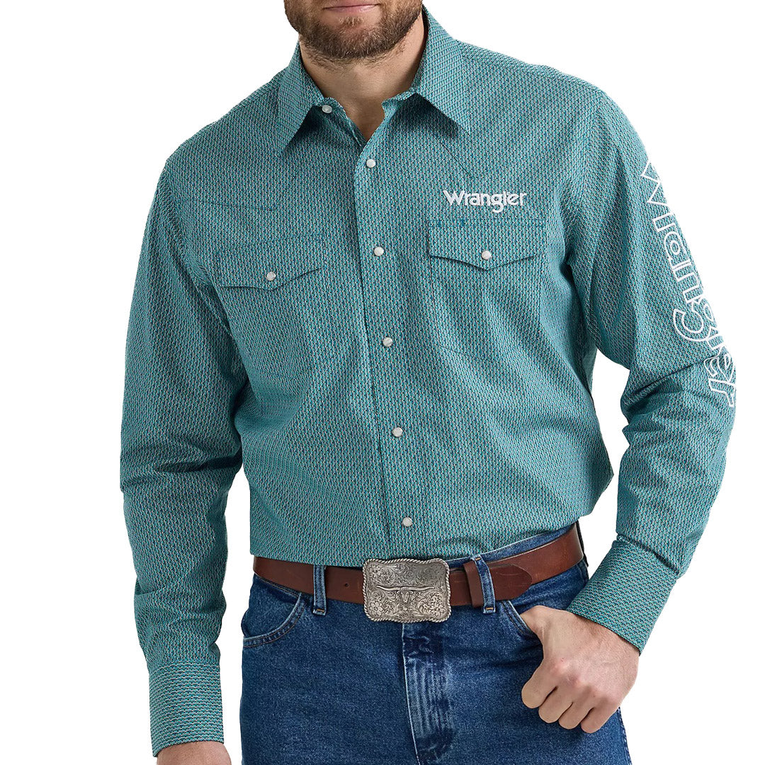 Wrangler Men's Diamond Print Logo Snap Shirt In Turquoise