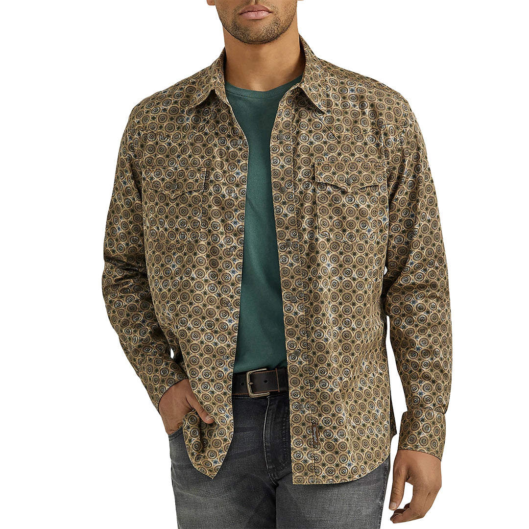 Wrangler Men's Retro Premium in Brown Circles Long Sleeve Snap Shirt