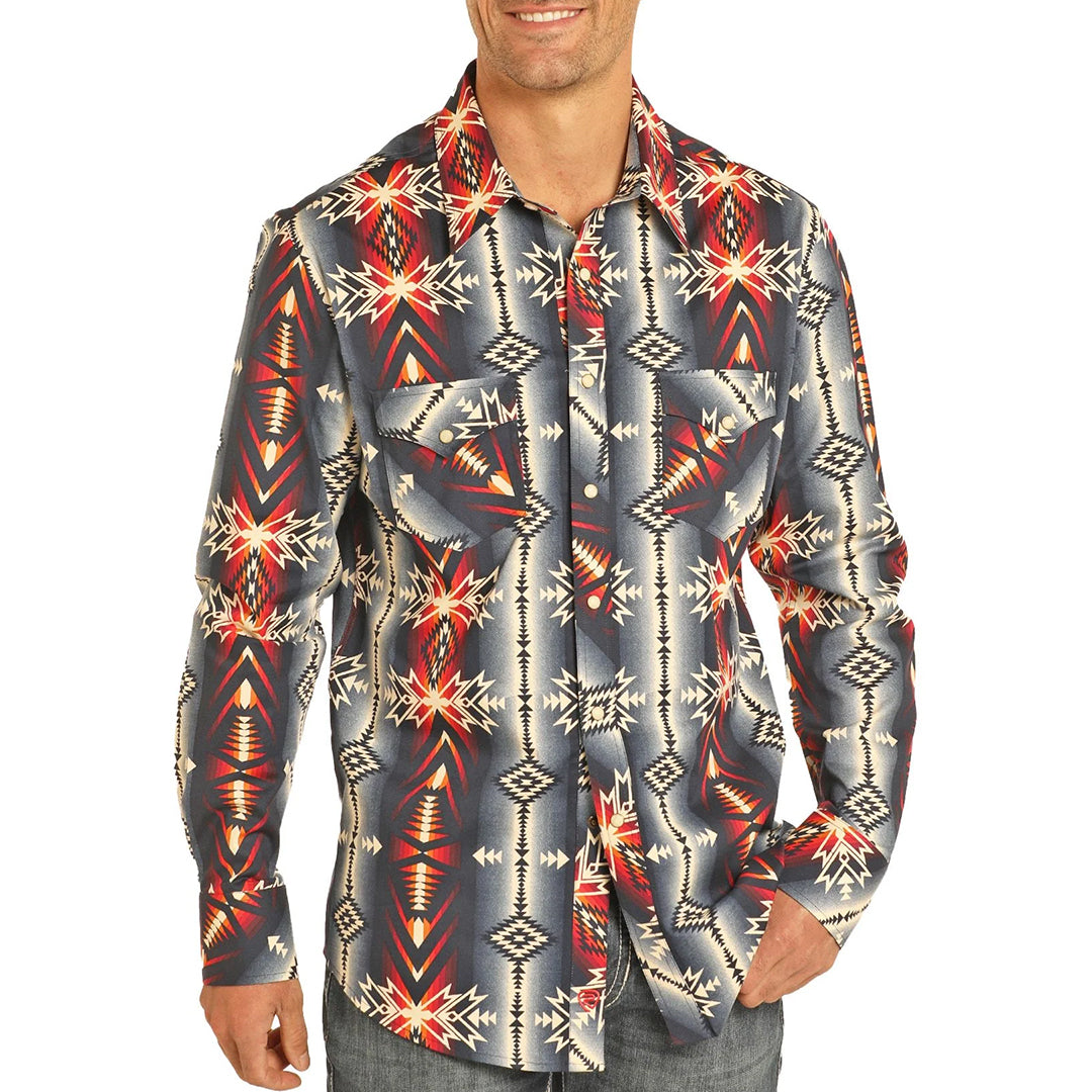 Rock & Roll Cowboy Men's Aztec Print Long Sleeve Snap Shirt