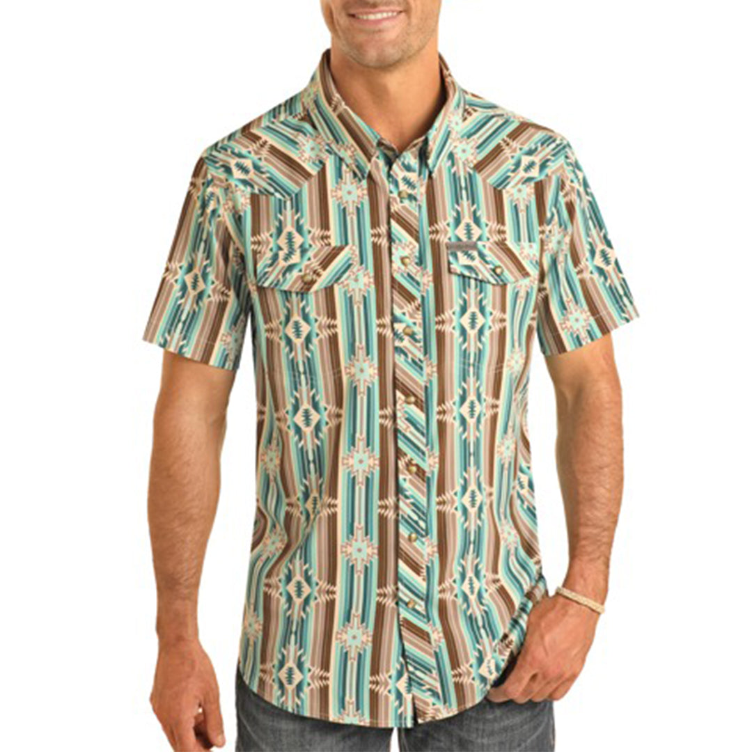 Panhandle Men's Vertical Stripe Aztec Short Sleeve Snap Shirt