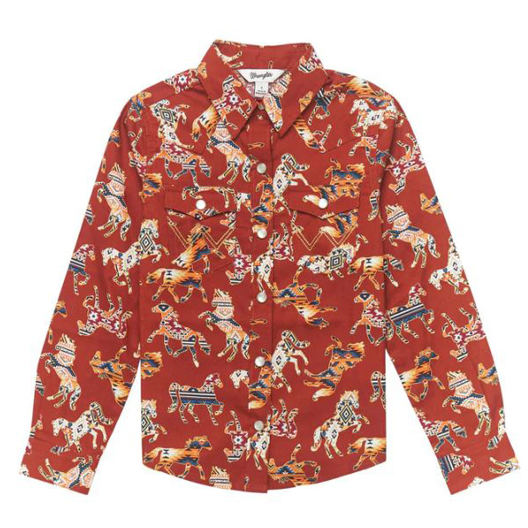 Wrangler Girls' Horse Print Long Sleeve Snap Shirt