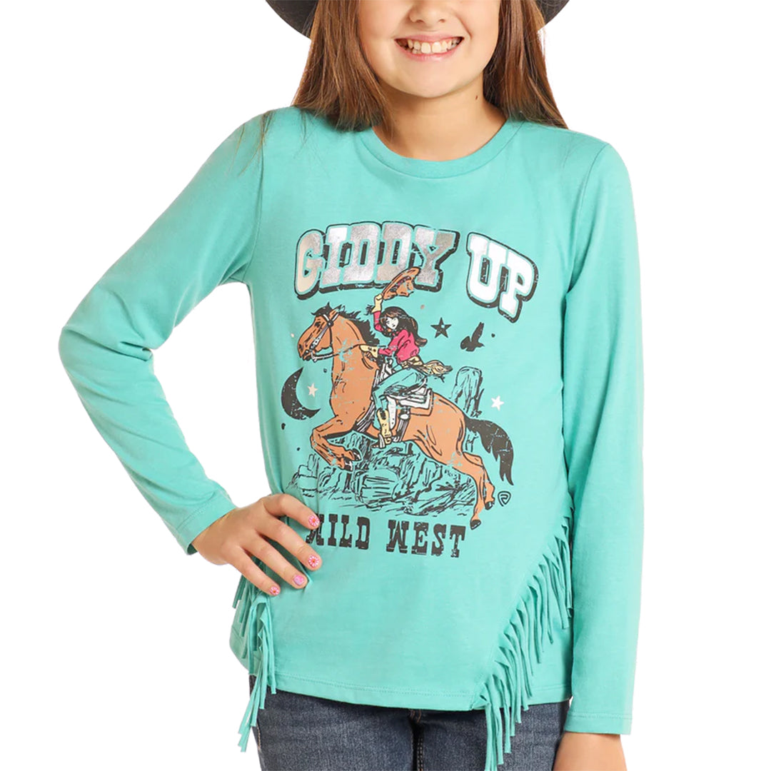 Rock & Roll Denim Girls' Giddy Up Fringe Long Sleeve T-Shirt