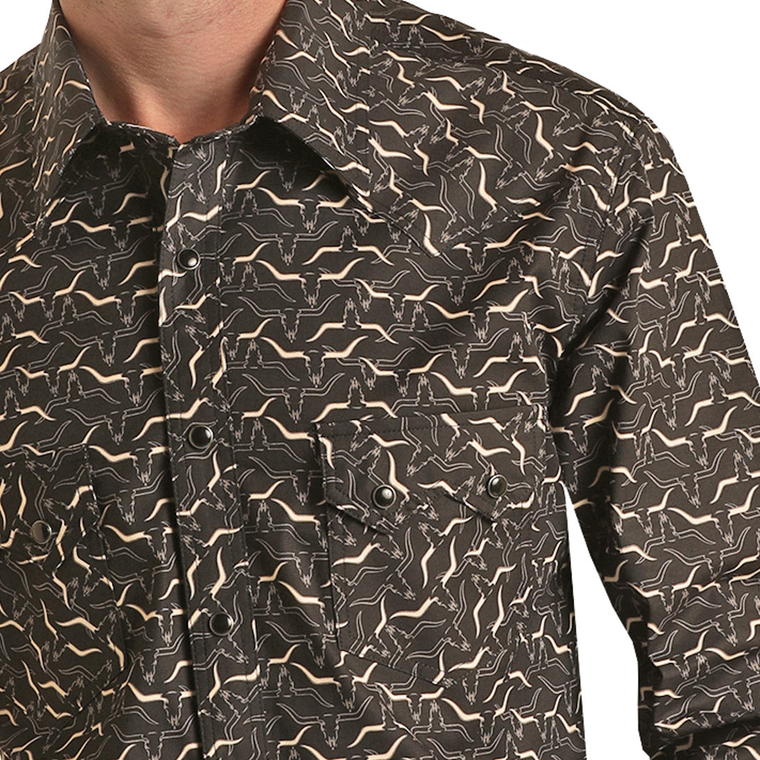 Rock & Roll Cowboy Men's Longhorn Print Snap Shirt