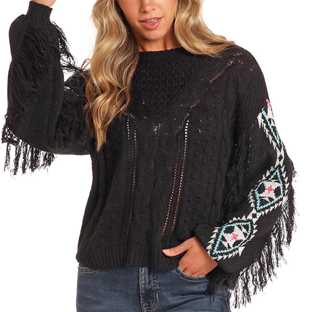 Rock & Roll Denim Women's Aztec Fringe Cable Knit Sweater