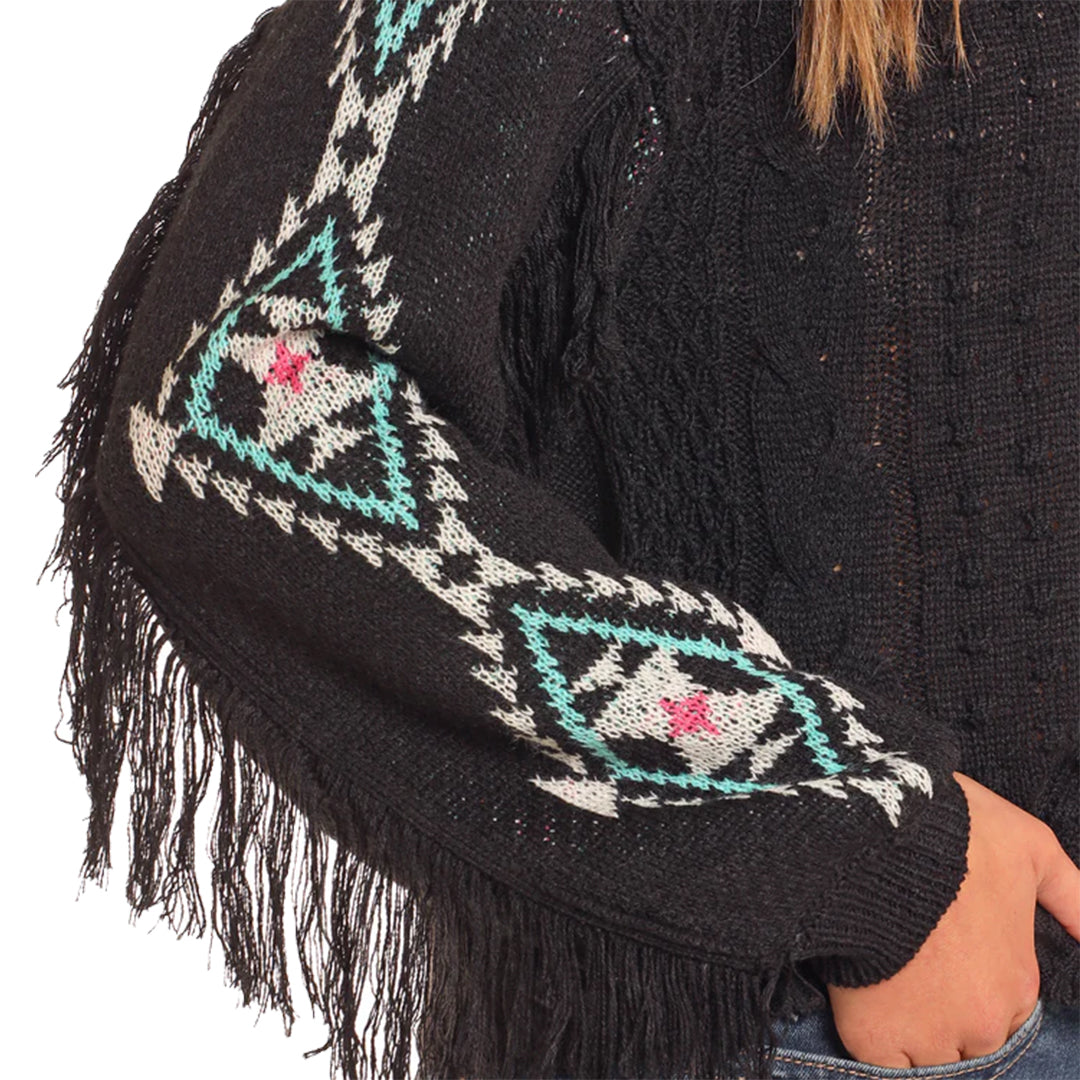 Rock & Roll Denim Women's Aztec Fringe Cable Knit Sweater