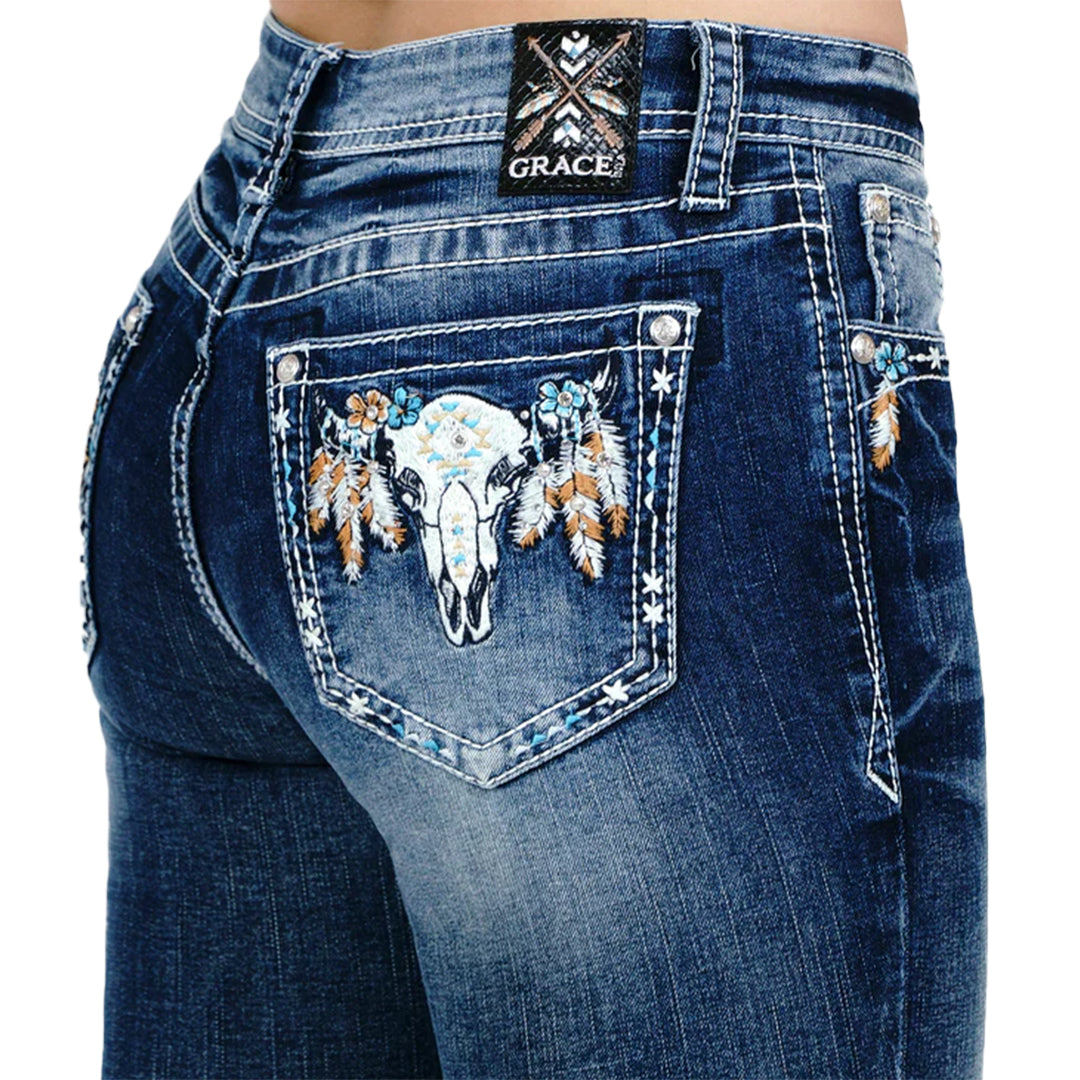 Grace In LA Steer Head Embellished Mid Rise Bootcut Jeans