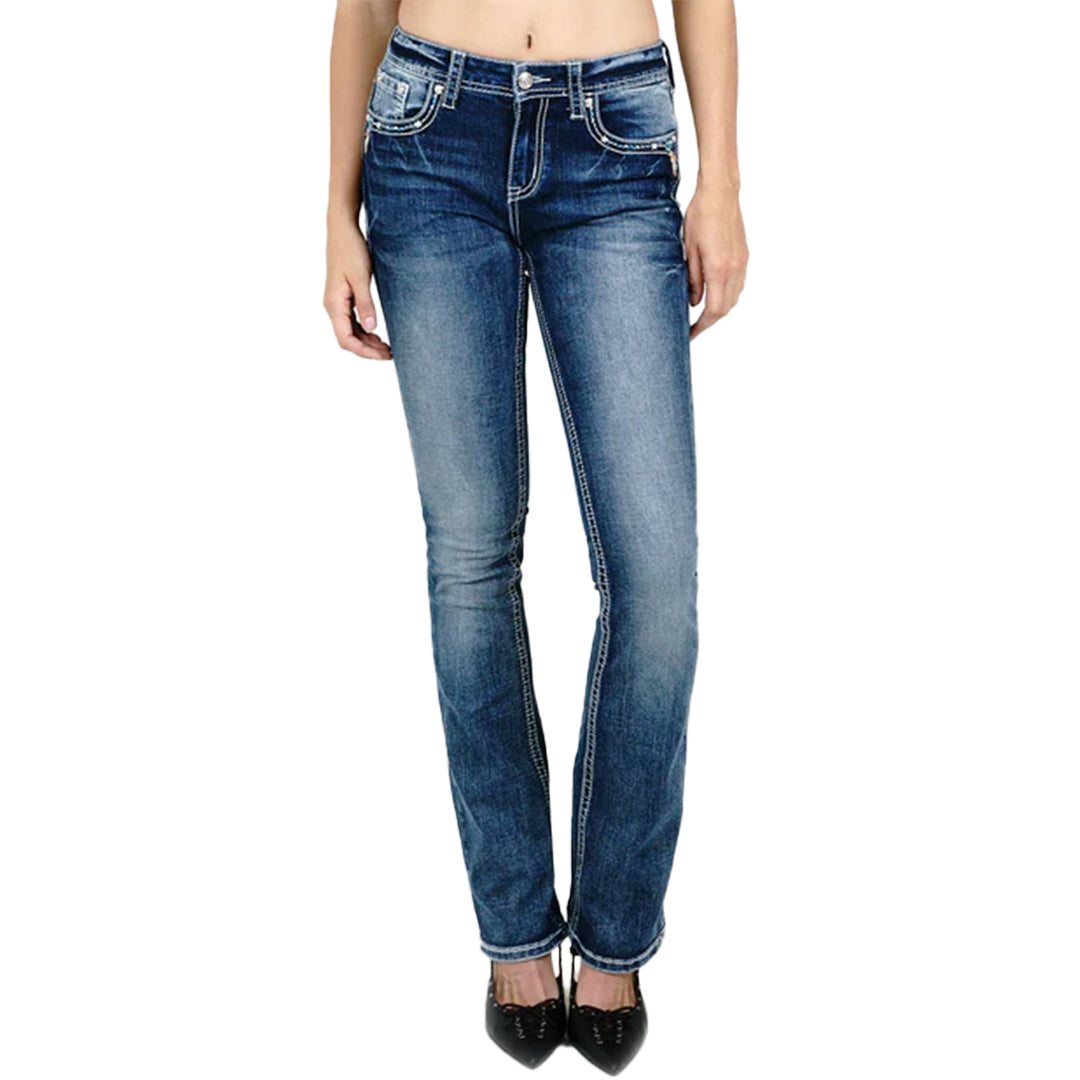 Grace In LA Steer Head Embellished Mid Rise Bootcut Jeans