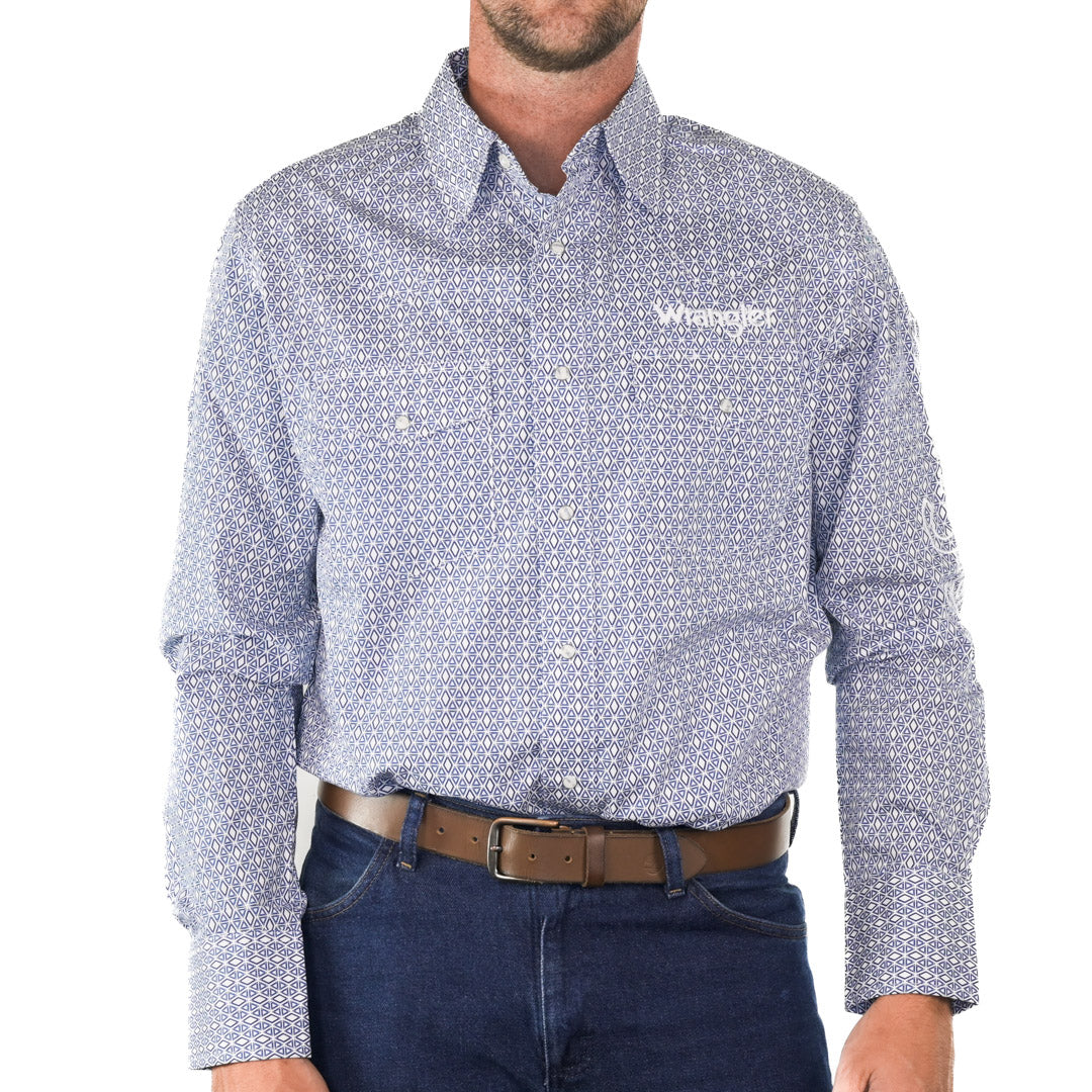 Wrangler Men's Blue Diamond Print Logo Snap Shirt