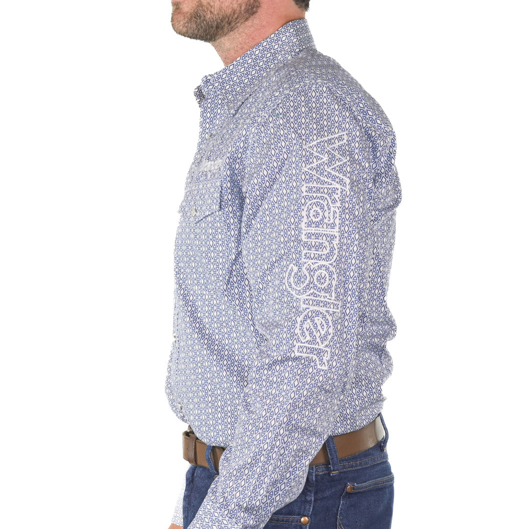 Wrangler Men's Blue Diamond Print Logo Snap Shirt