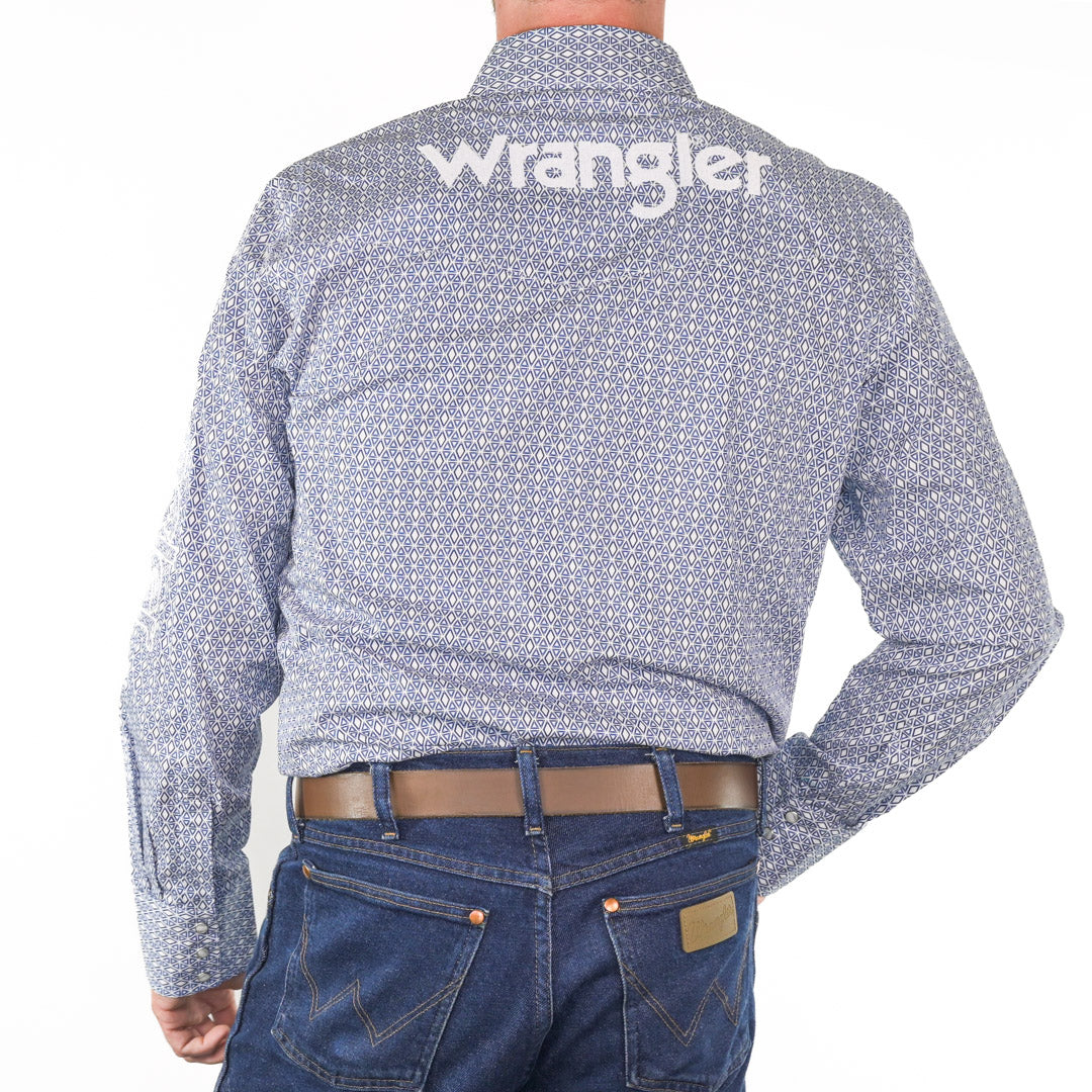 Wrangler Men's Blue Diamond Print Logo Snap Shirt