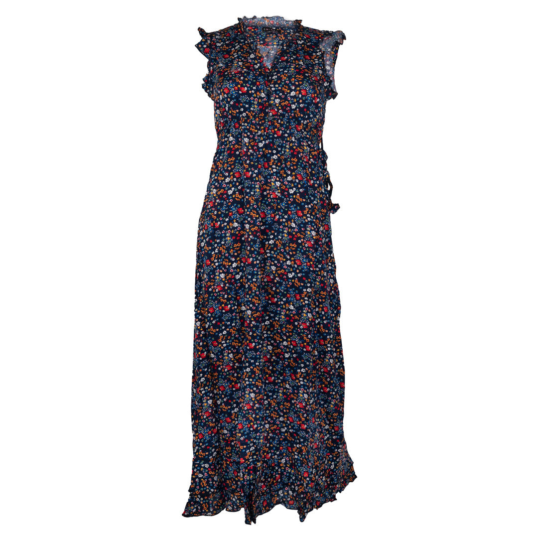 En/Kay Women's Navy W/ Print Colorful Flowers Maxi Dress