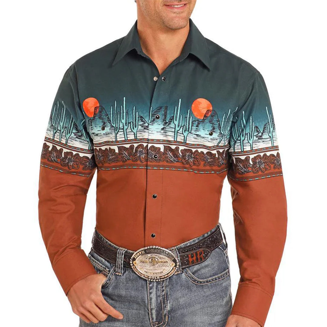 Panhandle Men's Tooled Leather Border Print Western Long Sleeve Snap Shirt