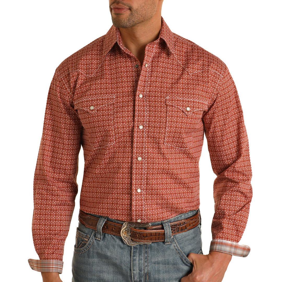 Rough Stock Men's Pattern Snap Shirt In Burnt Orange