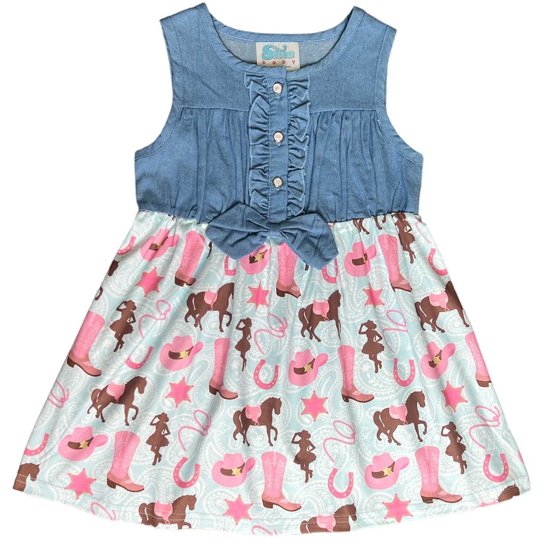 Shea Baby Denim Cowgirl Dress Light Blue Pink