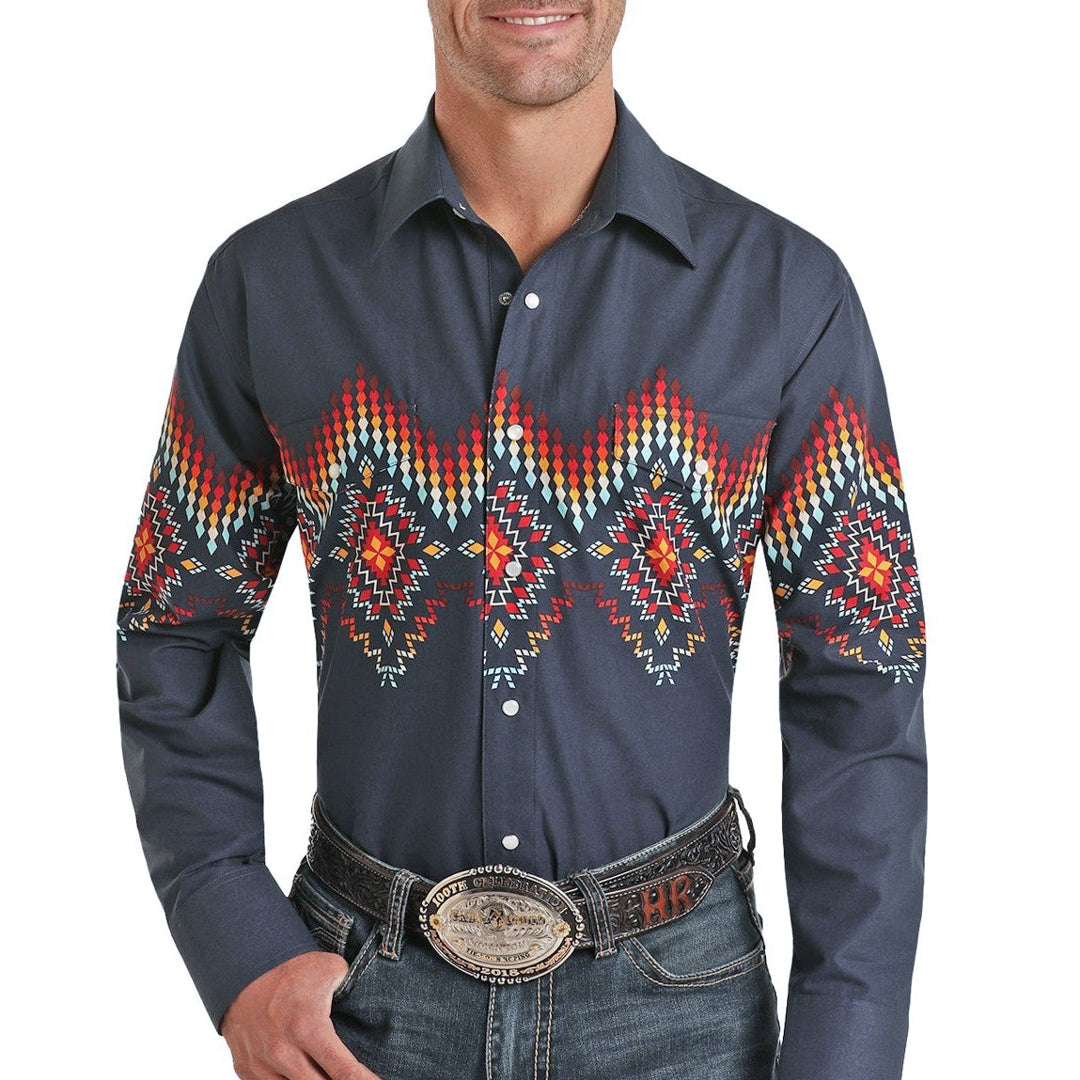 Panhandle Men's Aztec Print Snap Shirt In Navy