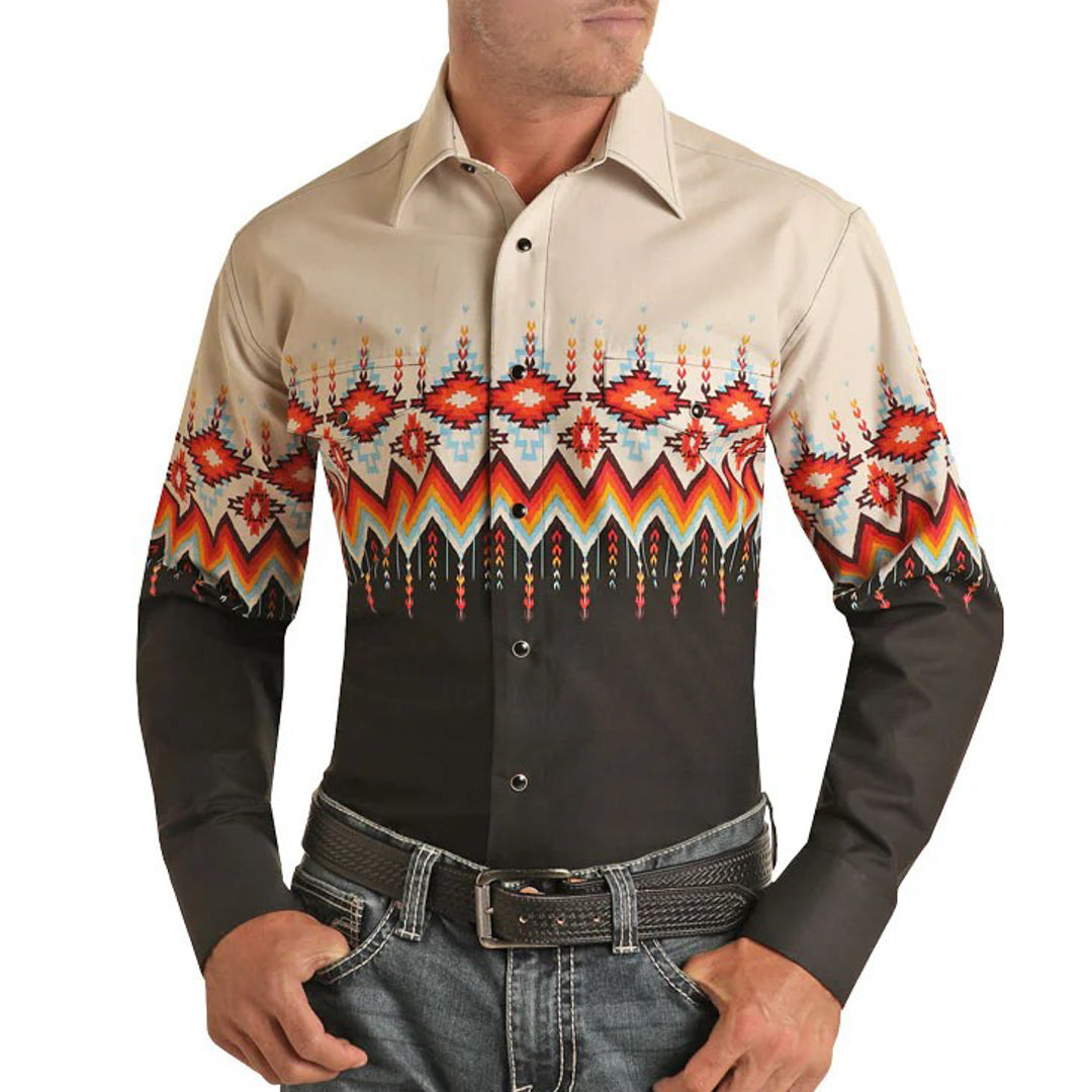 Panhandle Men's Aztec Border Print Snap Shirt In Black