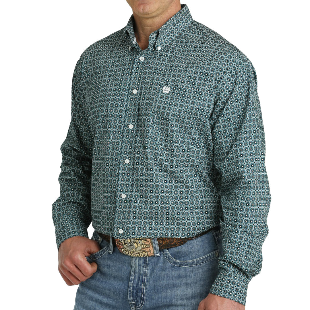 Cinch Men's Geometric Print Button-Down Western Shirt In Teal