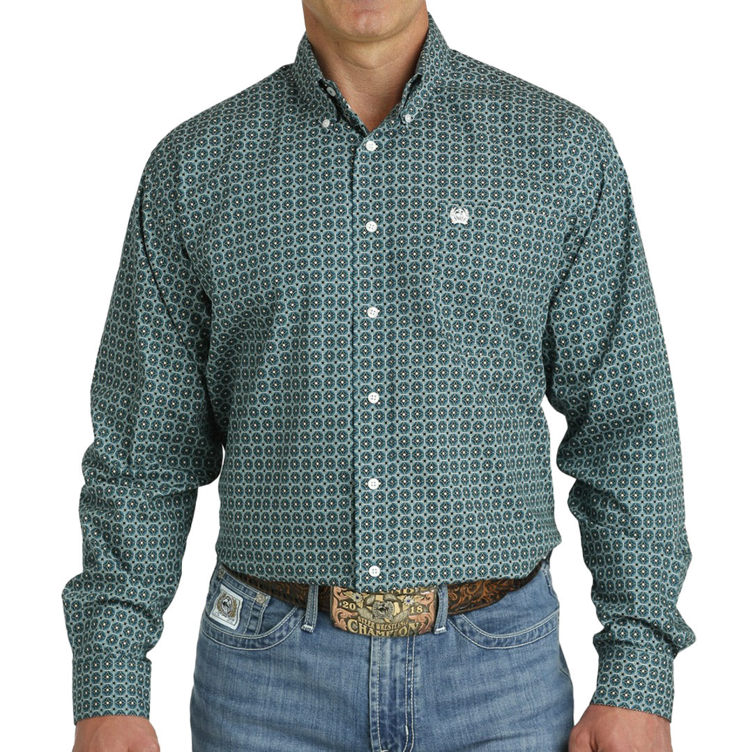 Cinch Men's Geometric Print Button-Down Western Shirt In Teal