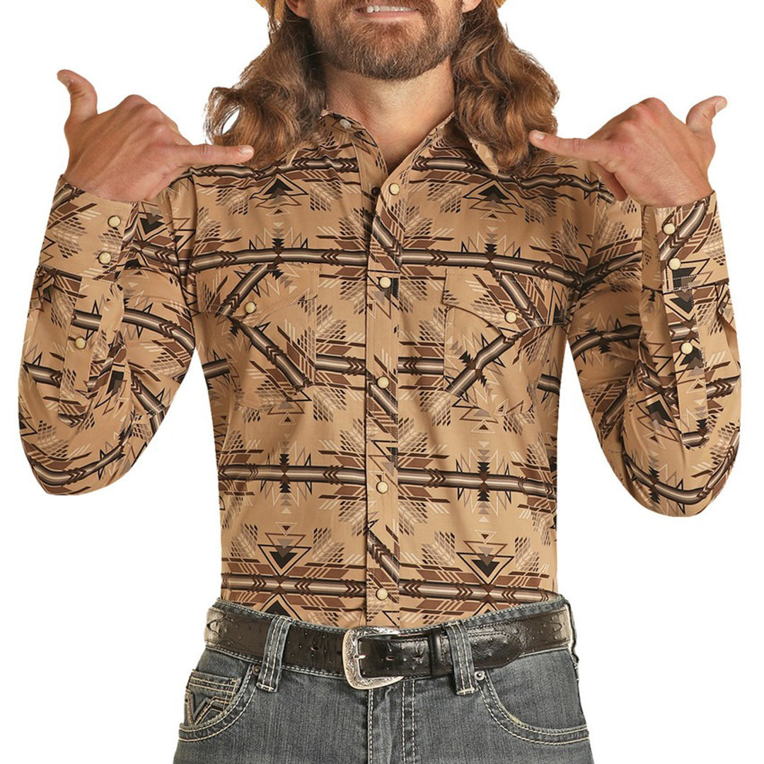 Rock & Roll Cowboy Men's Aztec Print Snap Shirt In Tan