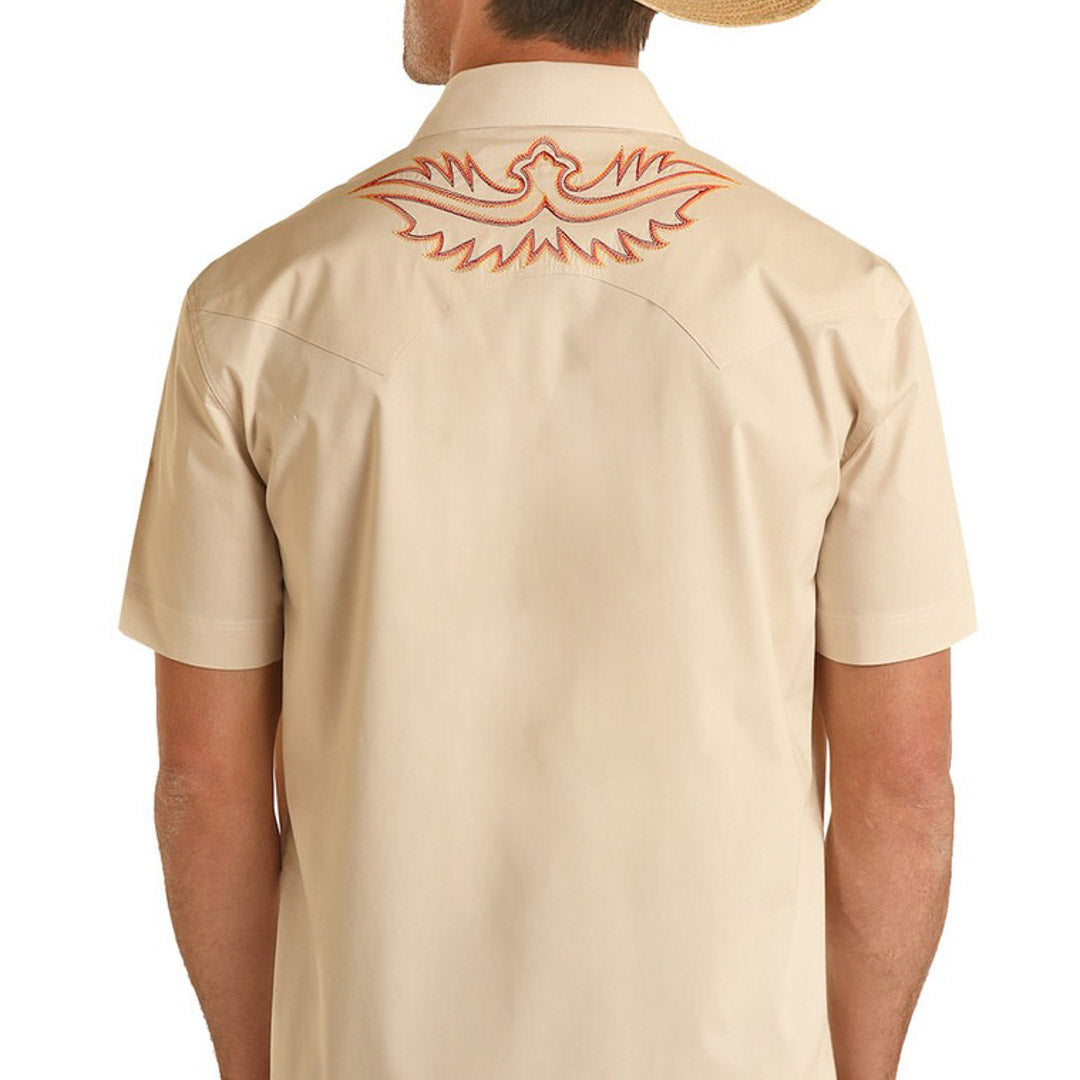 Rock & Roll Cowboy Men's Embroidered Short Sleeve Snap Shirt In Tan