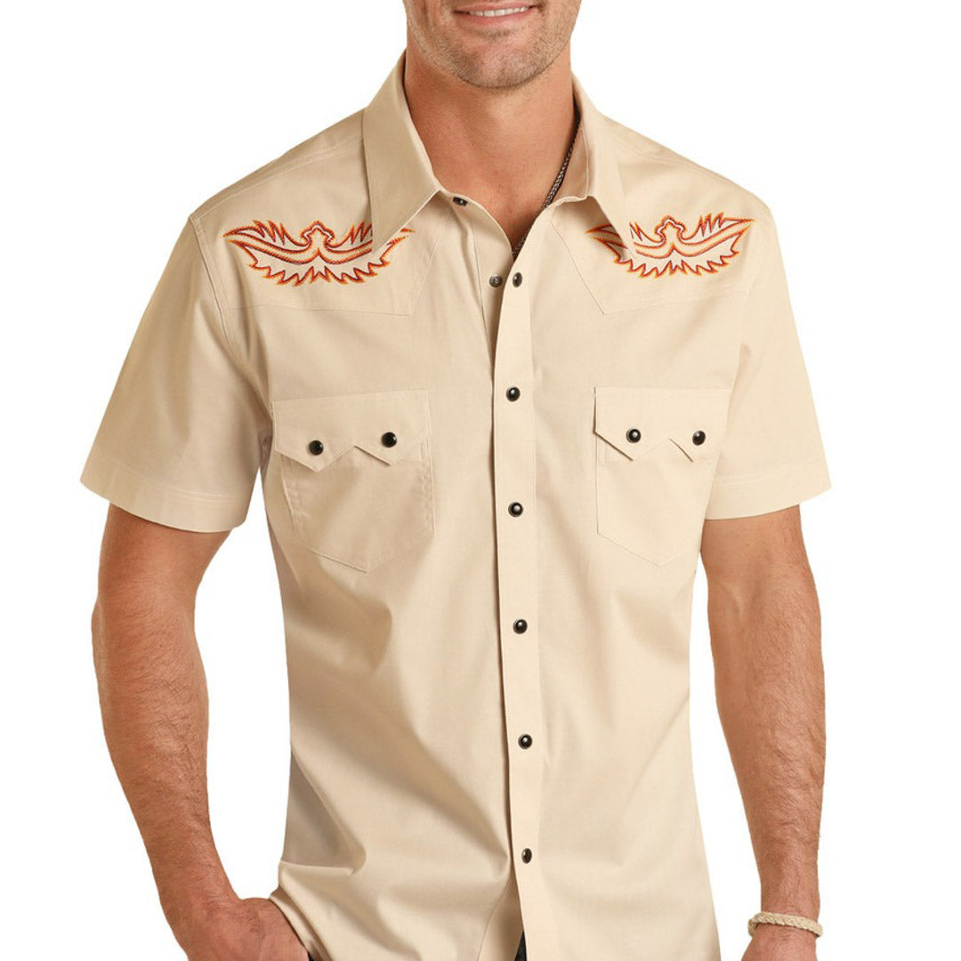 Rock & Roll Cowboy Men's Embroidered Short Sleeve Snap Shirt In Tan