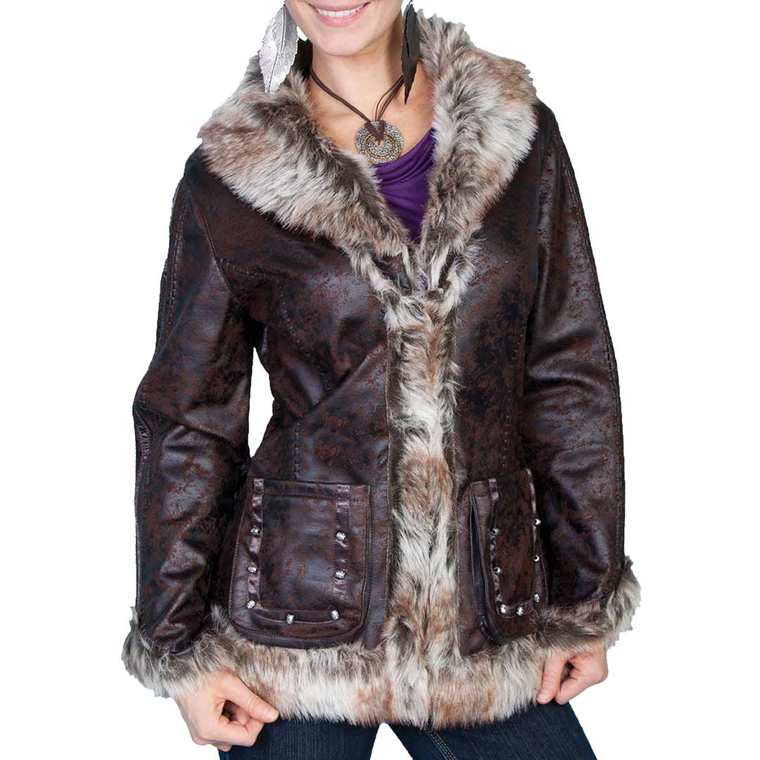 Scully Women's Fur Trim Distressed Faux Leather Jacket