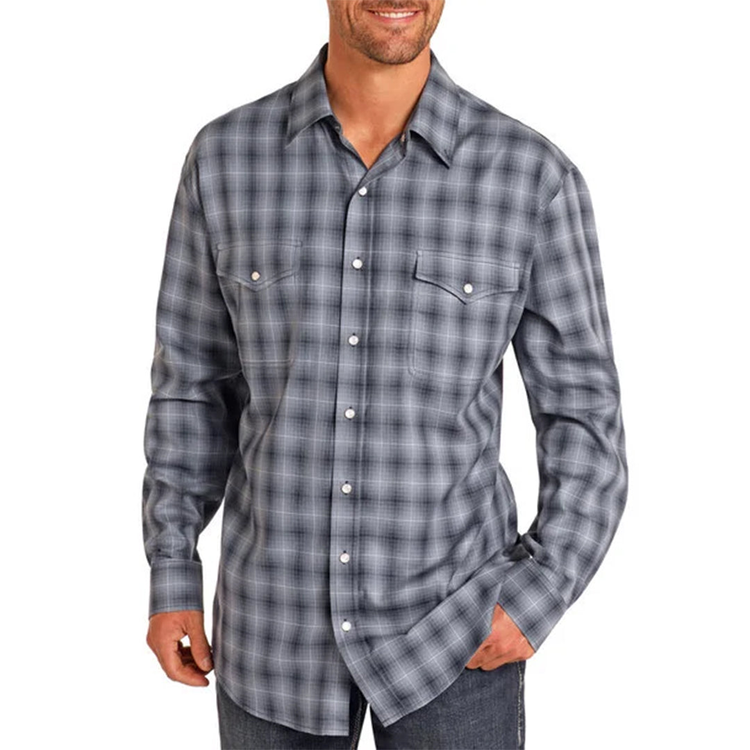 Rock & Roll Denim Plaid Print Long Sleeve Snap Shirt