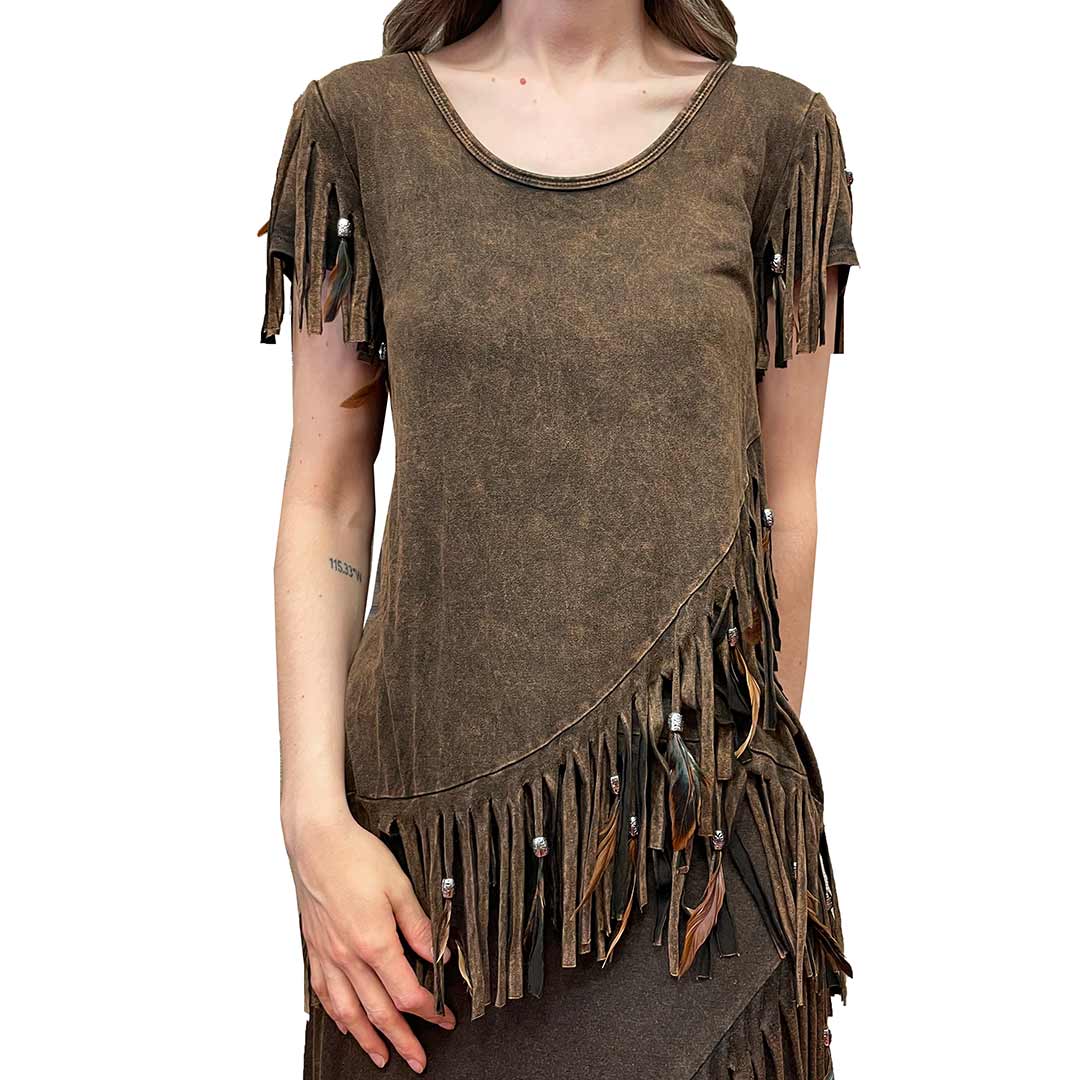 Pat Dahnke Women's Distressed Feather Fringe Short Sleeve Top