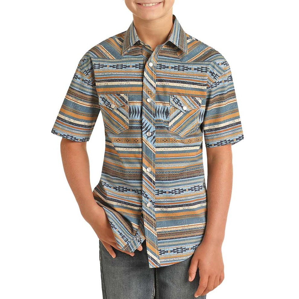 Rock & Roll Cowboy Boys' Aztec Stripe Short Sleeve Snap Shirt