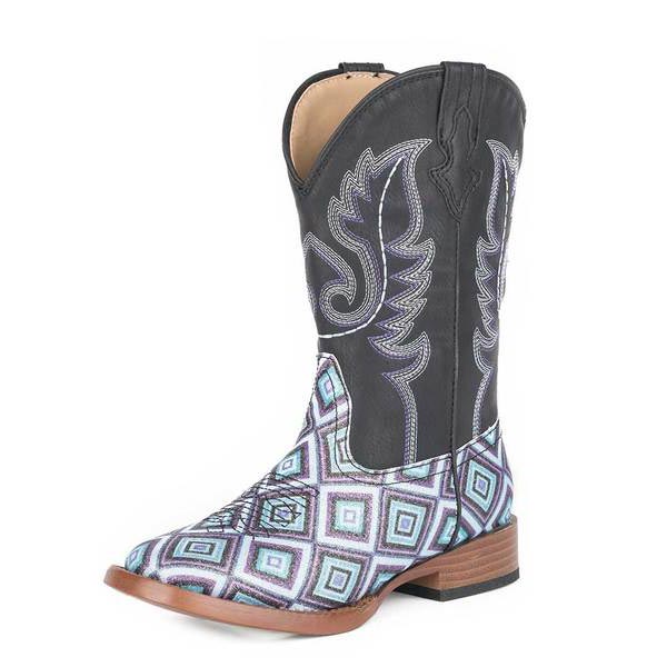 Roper Girls Glitter Diamonds Square Toe Cowgirl Boots Purple Black