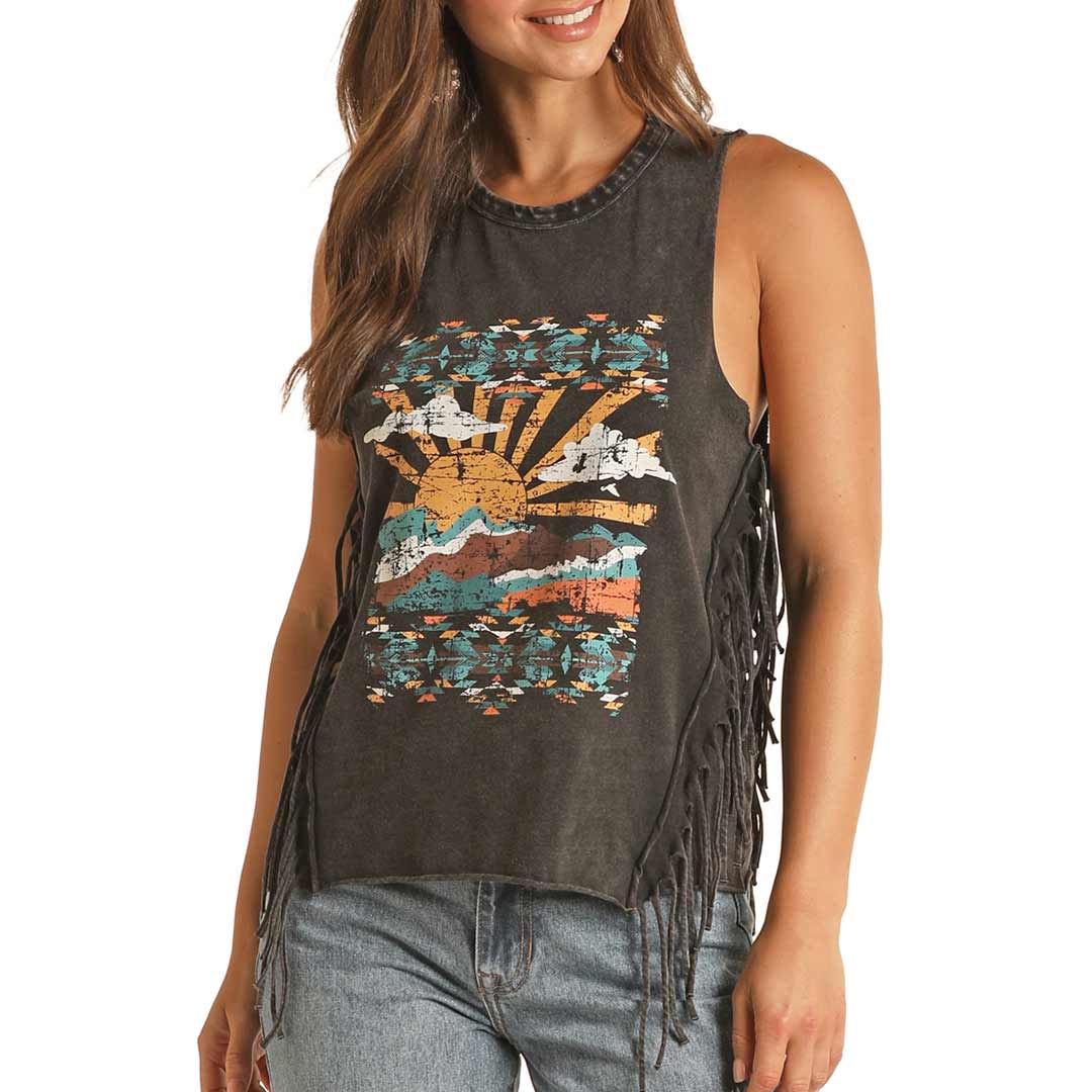 Rock & Roll Cowgirl Women's Desert Scene Fringe Tank Top