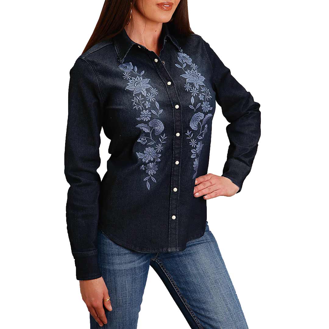 Floral embroidered 2025 denim shirt